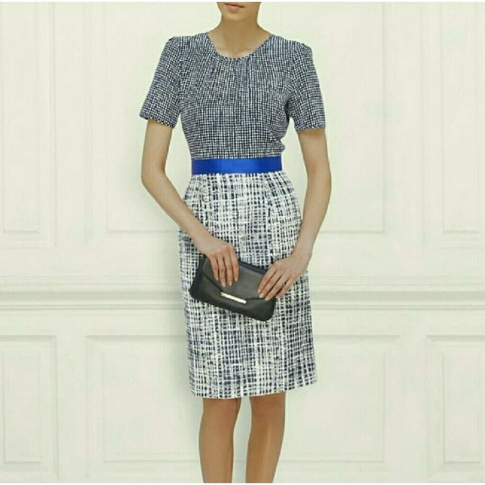LK Bennett | Navy & Cream "Brenda" Print & Jacquard Tweed Sheath Pencil Dress